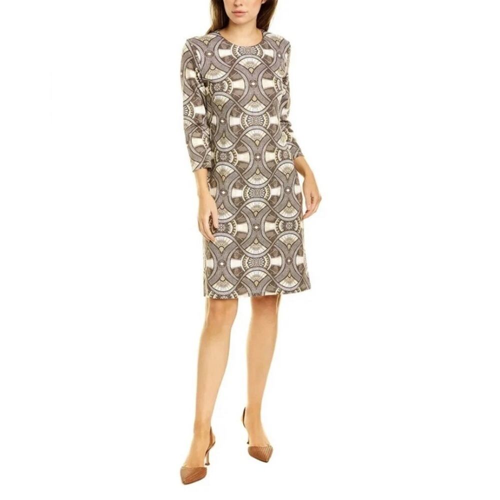 J McLaughlin Devon‎ Sheath Dress Women S Brown Tan Midi 3/4 Sleeve Geometric